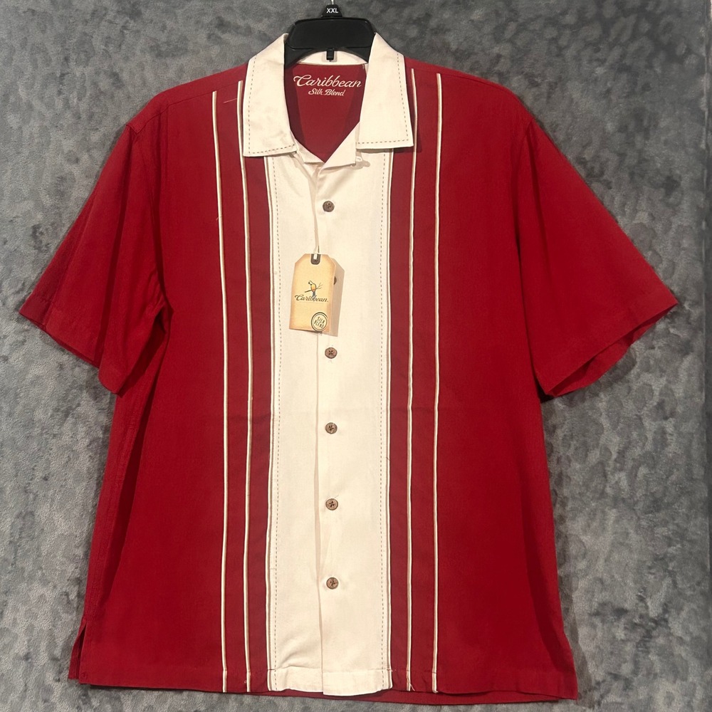 Caribbean Silk Blend Men Large Red Cream Panel Stripe Camp Shirt Short Sleeve